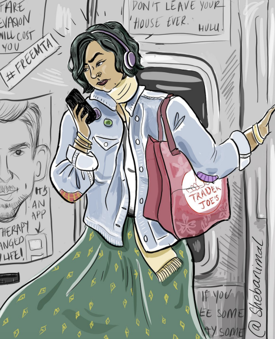 A comic by Shebani Rao of an Indian person listening to music, holds onto the bar on the New York subway while doomscrolling